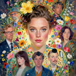 a head and shoulders portrait of alicia vikander surrounded by an explosion of wild flowers, by edgar maxence, by thomas kinkade, by gustav klimt, by wes anderson, by edward hopper, by wayne barlowe, by james gilleard, by makoto shinkai, pastel colors