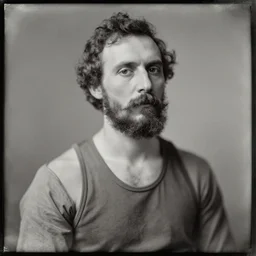 Daguerreotype of an crackhead tweaker wearing a wifebeater tanktop, classical portrait, 1894