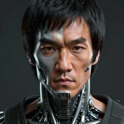 a portrait film still of half face neocyborg + cyberpunk bruce lee, close up, quint, wlop, dan mumford, artgerm, liam brazier, peter mohrbacher, raw, featured on artstation, octane render, photo realistic, sharp focus and details on face, rule of thirds, cinematic, rugged, dramatic lighting, intricate, 8 k
