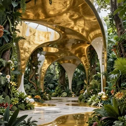 a massive liquid gold and white fluid sculpture in the jungle covered in flowers and vines photograph, architecture carved for a titan, beautiful in its smoothness and expansiveness, curving geometric arches, architectural photograph by louis kahn and moshe safdie