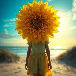closeup girl with huge yellow dahlia flower face, walking on beach, surreal photography, blue sky, sunrise, dramatic light, impressionist painting, digital painting, artstation, simon stalenhag