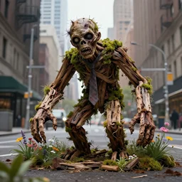 a zombie made of driftwood, moss and flowers in New York, cinematic, photo realistic, concept art, well detailed, 8k,