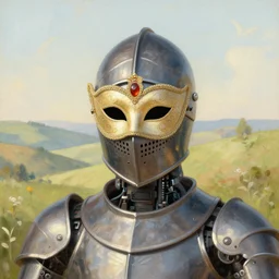 portrait of a robot, knight helmet, venetian carnival mask, soft intricate whimsical digital illustration, painting by Albert Edelfelt, rolling hills in background