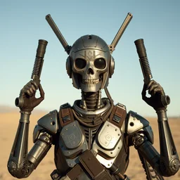combat android, gun for a head, katana arms, skeletal face, military prototype, photography, desert, photorealism, mercury metal, sci fi, shapeshifter,