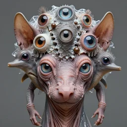 a high resolution photo of a head, grown together various animal eyes, amphibia hairless veins wrinkles morphing nature documentary, cracked plastic wrap, dolphin gills morph scales merged in fur skin, wrinkled muscles skin, veins merged feet head, displacement, distorted animal head face eyes arms tail