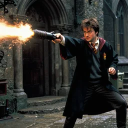 harry potter shooting a rocket launcher as rambo, movie still, dramatic