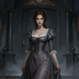 a beautiful brown - haired young woman with an sexy old dress of the 1 9 th century in front of the exterior door of horror house, intricate, elegant, highly detailed, digital painting, artstation, concept art, smooth, sharp focus, illustration, ethereal, misty, by ilya kuvshinov and jeremy mann, 8 k, octane render