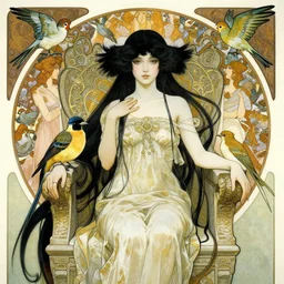 highly detailed portrait of a beautiful cute girl with birds, endless black hair, with pale skin, fibonacci, fragile, sitted on an intricate stone throne by alphonse mucha, ayami kojima, yoshitaka amano, charlie bowater, karol bak, greg hildebrandt, jean delville, and mark brooks, 4 k resolution