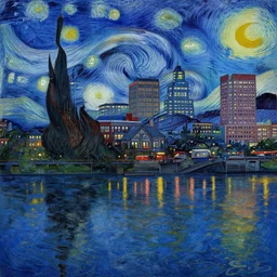 louisville ky skyline at night reflecting off the river, in the style of van goghs painting starry night