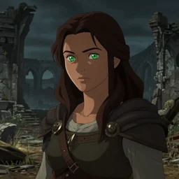 portrait of a young beautiful woman with long dark brown hair, green eyes, tan skin, wearing a medieval rogue outfit, abandoned ruins landscape, nightime, fantasy rpg, ambient lighting, 8k, anime key visual, illustration, concept art, charlie bowater, lois van baarle, ilya kuvshinov, rossdraws, artstation