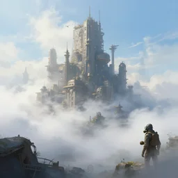 landscape painting of steampunk city with thick fog. from a distance seen a man wearing a gas mask on his face. high detail, fine art, trending on artstation, smooth draw, sharp focus, digital art, bright colors, no anomalies, cool style.