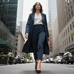 Giant woman walking through the city, low prospective, looking up, very high detail, 4K quality, super realistic, photo realistic