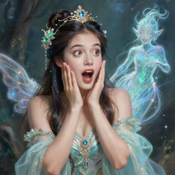 surprised shocked woman who is dressed as a genie, woman transformed into a genie, trick, fantasy painting, woman, octane render, emotional, fantasy, manga, concept art, pose, photorealistic, cover shot, intricate detailed environment. vogue, 8 k, hd. by terry o'neill and artgerm and wlop and loish and rutkowski and mucha