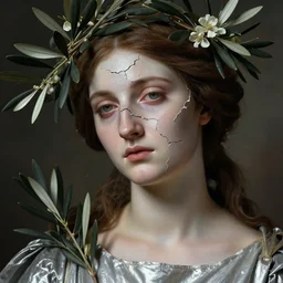 hyperrealism close - up mythological portrait of a medieval woman's shattered face partially made of olive branches and flowers in style of classicism, pale skin, wearing silver dress, dark and dull palette