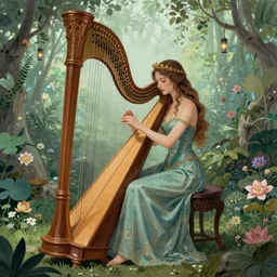 A Latin sorceress playing the harp in an enchanted Zen garden, by Arnold Böcklin and Tang Sin Yun, breathtaking digital 2d cover art