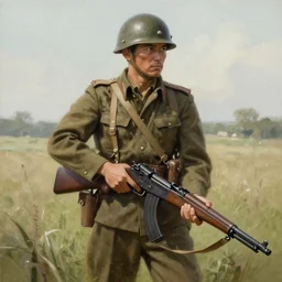 a Japanese soldier from WW2 holding a rifle, standing in a field, high detail digital painting by Karl Kopinski and Frank Frazetta, trending on artstation, masterpiece, 4k wallpaper