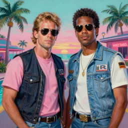 an oil portrait painting of crockett and tubbs, eighties miami vice, southbeach nightclub, ultra realistic, highly detailed, sunset, masterpiece, cinematic by greg rutkowski, frank frazetta, beeple, christian macnevin, beeple, wlop, krenz cushart, epic fantasy character art, volumetric lighting, cgsociety, pink and teal