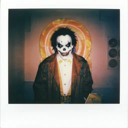 color Polaroid of candy man doing the death stare in candy land ,creepy pasta