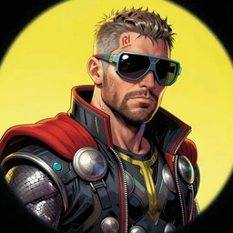 hyper detailed comic illustration of a cyberpunk Thor  wearing a futuristic sunglasses and a gorpcore jacket, markings on his face, by Android Jones intricate details, vibrant, solid background, low angle fish eye lens