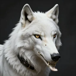 a portrait of a white anthropomorph skull - wolf, collar, photorealistic, high details, fantasy