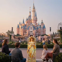 a park with disney castle in the background, misty evening, fantasy art, highly detailed matte painting, low angle view, telephoto lens 2 0 0 mm, by stanley artgerm lau, greg rutkowski, thomas kinkade, alphonse mucha, loish, norman rockwell, artstation