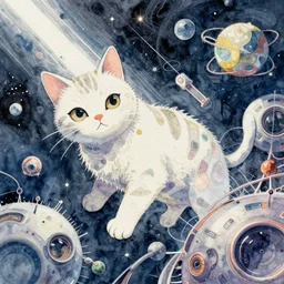 cat in space, ilya kuvshinov, john singer sargent, watercolor painting, shaft anime key visual, trending on artstation, solarpunk, intricate, abstract