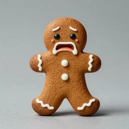 vintage analog product photography of a gingerbread man eating itself, crying, in distress, studio lighting, film grain, lensflare, color bleed, glare