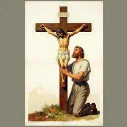 by dean ellis, will barnet beautiful graphic full body portrait, a kneeling at the base of a christian cross, propaganda poster 1 9 7 0 s illustrated advertising art, painterly character design