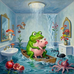 pepe the frog holding a pig in flooded bathroom, mushrooms, octopus, water gushing from ceiling, painting of flood waters inside an artist's bathroom, a river flooding indoors, pomegranates, pigs, ikebana, zen, river, rapids, waterfall, black swans, canoe, berries, acrylic on canvas, surrealist, by magritte and monet