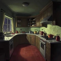 curved perspective digital art of a dim lit kitchen by  charles addams and hiroshi nagai