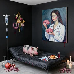 hotel room with black walls and a futon, berry juice, dripping, a sensual portrait of a female pathologist holding a brain, a piglet, batteries ; intravenous drip, wilted flowers, pomegranate, octopus, pancakes, berries, surgical supplies, scientific glassware, candles, neo - expressionism, surrealism, acrylic and spray paint and oilstick on canvas