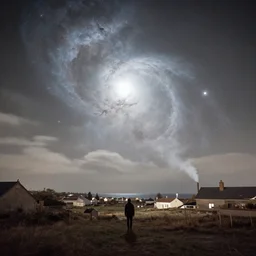 a beautiful double exposure of the astronomy picture of the day, nebula, with a person in a rural seaside village landscape at night, soft white light, muted, neutral light, light blue tones, chimney smoke, long exposure clouds, unreal engine