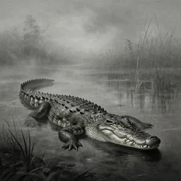 a crocodile swimming in a swamp horror gustave dore greg rutkowski sinister by greg rutkowski, grey mist