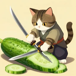 a cat dressed like a samurai slicing a giant cucumber with a sword, digital art, artstation cgsociety masterpiece