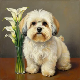 portrait of a cream colored havanese dog with a bouquet of calla lillies, mexico, painting by diego rivera realism 1 9 3 5