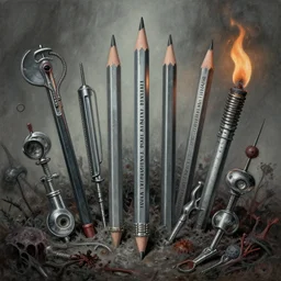 pencils of 1 1 horrifying chromed brutalist medical equipment, spore grave, by wayne d barlowe, stefano tamburini, torch light, muted colors, epic, hyper detailed, awe inspiring, award winning horror, hyper realism, cinematic