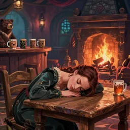 kate beckinsale sleep on the table, fall head on table, in fantasy tavern near shout fireplace, in dark, behind bar deck with bear mugs, medieval dnd, colorfull digital fantasy art, 4k