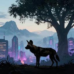 an african wild dog, silhouette against a cyberpunk cityscape, neon, mountains, mist, day time, giant trees, by paul lehr