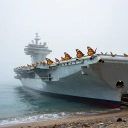 on a foggy morning, a group of butterflies roost on an aircraft carrier stranded on the coast, by greg rutkowski