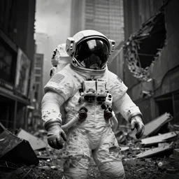 american white spacesuit astronaut with oversized helmet in postapocalyptic abandoned destroyed times square, destroyed buildings, heavy vignette!, specks, dirty, stains, dramatic dark, grayscale 1 9 0 0 s picture