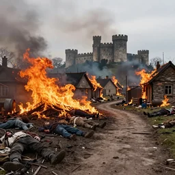 burning village in the background, highly detailed fire tendrils, dead bodies scattered in mud, body parts, castle in background, foot path leads to background, flying mud, debris, smoke, field, wet, dawn, partly cloudy, cold breath, hyper realistic, octane render, hyper detailed, cinematic, medium shot