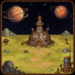 outside a remote human outpost on a remote planet, from a space themed point and click 2 d graphic adventure game, art inspired by steampunk and thomas kinkade