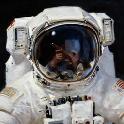 a close up painting of an astronaut floating in space. his helmet visor is dark and reflective. you can see the reflection of the photographer in his helmet visor. by artgerm and greg rutkowski and alphonse mucha