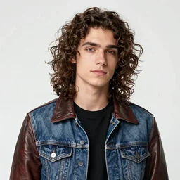“beautiful punk rock young man, long curly brown hair, leather jacket and denim vest, clean shaven, galley artwork by winslow homer”