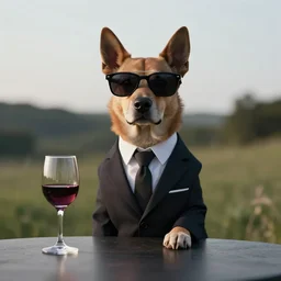 a portait picture of a dog wearing a formal suit and a sunglasses near a table with a cup of wine, concept art, octane render, unreal engine 5, 4K, symmetrical, low contrast, serene landscape, calm, relaxing, high quality, highly detailed, high coherence, path tracing, natural light, trending on DeviantArt