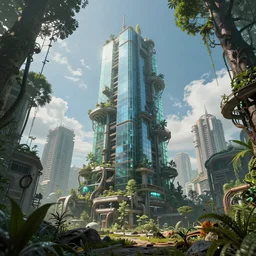 a beautiful hyperdetailed skyscraper!!! made of aquarium!!! industrial architecture abandoned city nature by neil blevins, apocalyptic sunlight retrowave made of glass fisheye futuristic forest wilderness bioshock alien sci - fi, archdaily, wallpaper, highly detailed, trending on artstation.