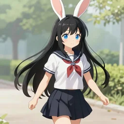 detailed rabbit school girl walking home, detailed long black hair, detailed fur, rabbit face, white fur, school uniform, blue eyes, kemono, fursona, furry, anthro, pixiv, detailed background, digital painting, smooth, sharp, colored art by Mia Ikumi