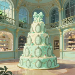 ! dream cake and sweet shop, paris laduree, natural lighting, wide angle, intricate details, fantasy atmosphere, mint color scheme, matte painting, illustration, by hayao miyazaki