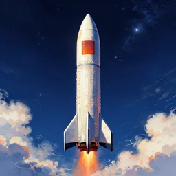 a frontal drawing of a rocket centered with a dark blue background and clouds by inio asano, beeple and james jean, aya takano color style, 4 k, super detailed, night sky, digital art, digital painting, celestial, majestic, colorful