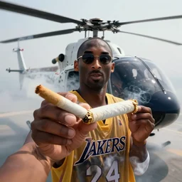 selfie of kobe bryant holding a giant rolled marijuana cigarette in a helicopter full of smoke, 8k resolution, hyper detailed, shot in the air